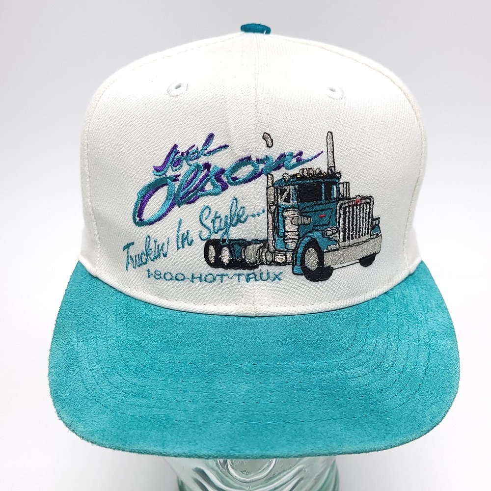 Vintage Suede Brim Truckin Hat‎ Cap Teal White 1-800-HOT-TRUX Rig Trucker READ